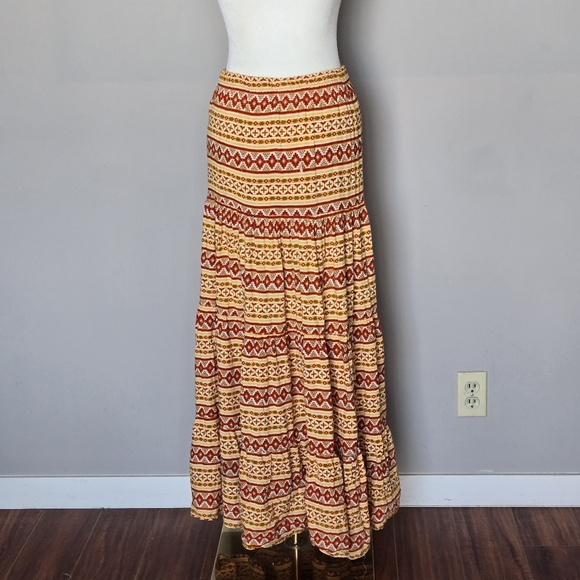 Blu Moon Boho Southwestern Aztec Resort Vacation Tiered Pull-On Maxi Skirt 2 (S) - Picture 5 of 10